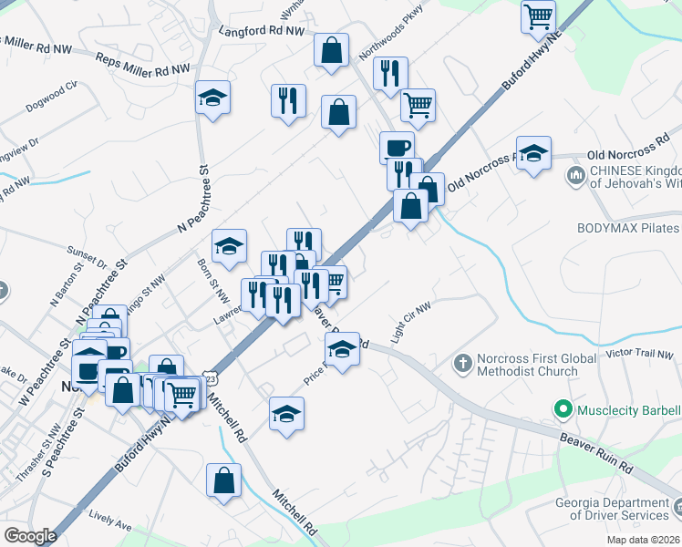 map of restaurants, bars, coffee shops, grocery stores, and more near 5420 Buford Highway in Norcross