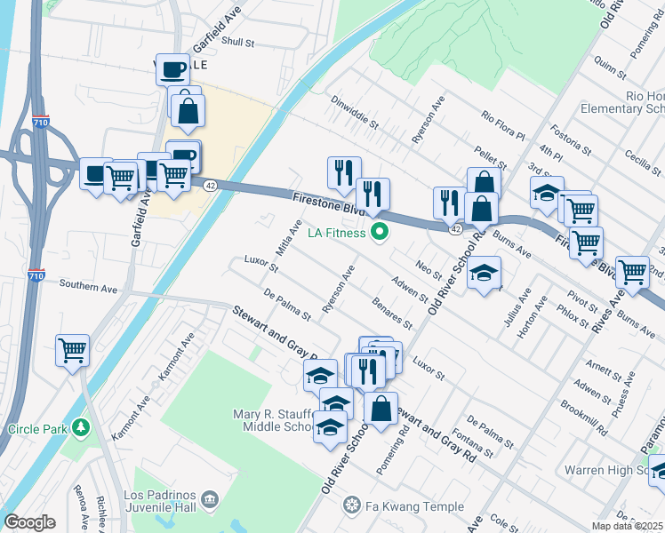 map of restaurants, bars, coffee shops, grocery stores, and more near 7173 Benares Street in Downey