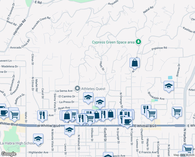 map of restaurants, bars, coffee shops, grocery stores, and more near 220 Olinda Avenue in La Habra