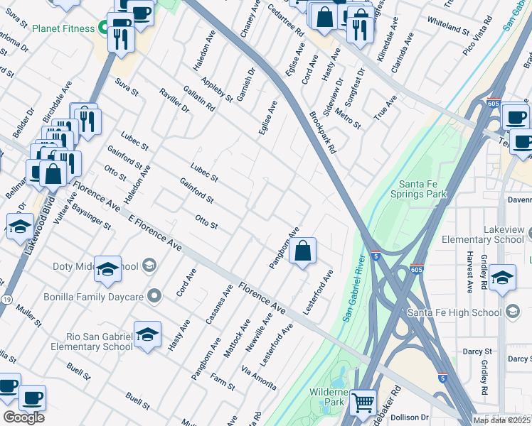 map of restaurants, bars, coffee shops, grocery stores, and more near 9840 Downey & Sanford Bridge Road in Downey
