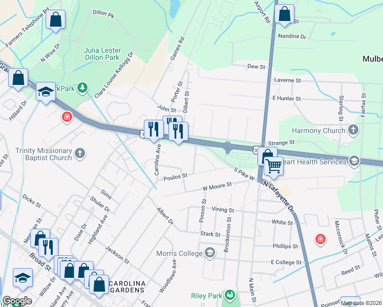 map of restaurants, bars, coffee shops, grocery stores, and more near 1112 Russell Drive in Sumter