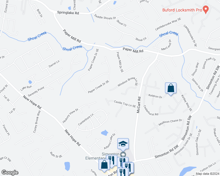map of restaurants, bars, coffee shops, grocery stores, and more near 320 Windsor Brook Lane Southeast in Lawrenceville
