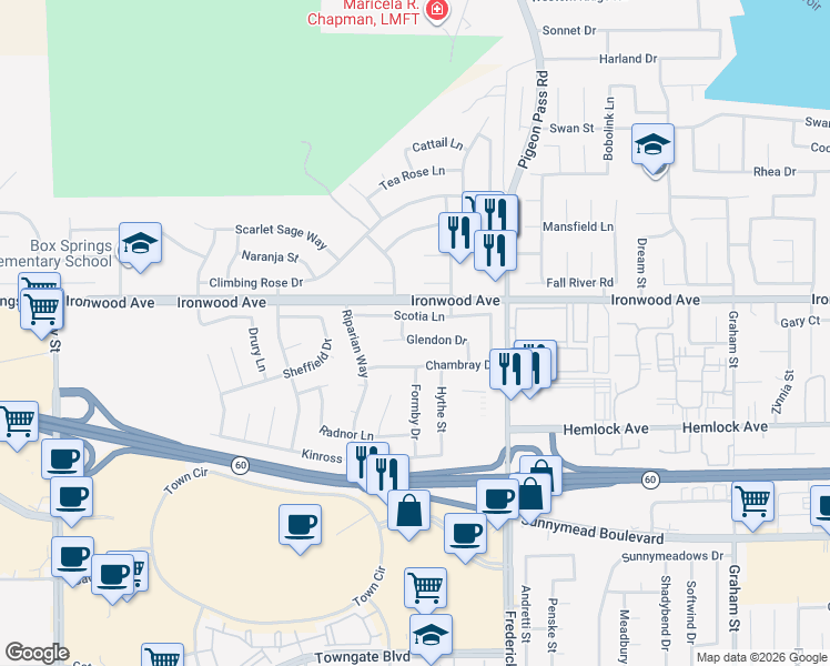 map of restaurants, bars, coffee shops, grocery stores, and more near 22767 Glendon Drive in Moreno Valley