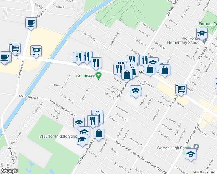 map of restaurants, bars, coffee shops, grocery stores, and more near 7326 Neo Street in Downey