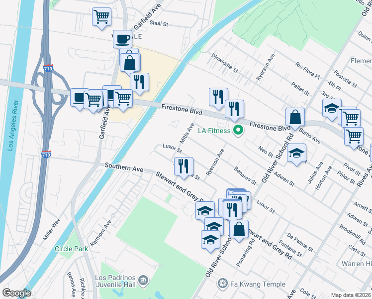 map of restaurants, bars, coffee shops, grocery stores, and more near 7139 Luxor Street in Downey