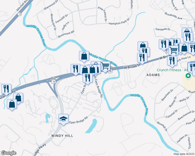 map of restaurants, bars, coffee shops, grocery stores, and more near 191 Alps Road in Athens