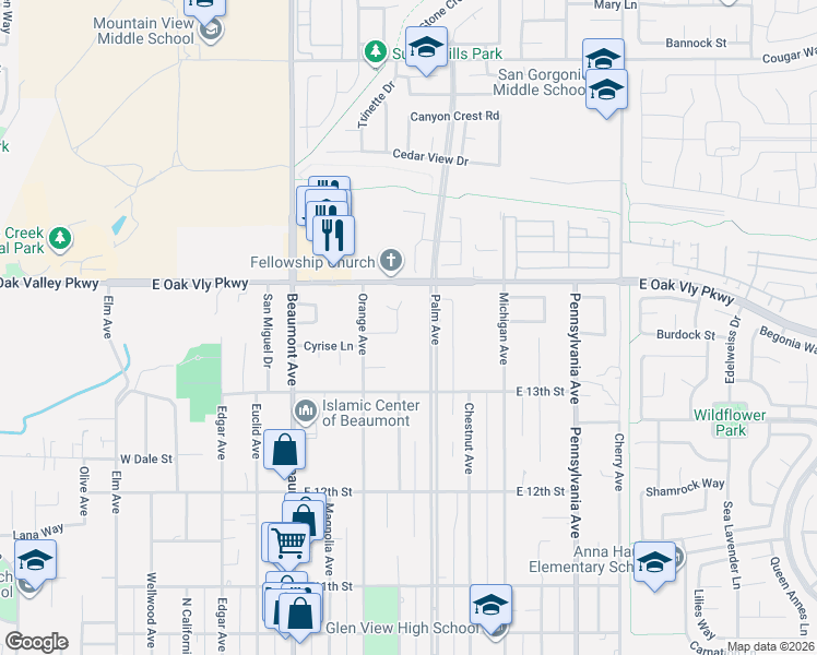 map of restaurants, bars, coffee shops, grocery stores, and more near 1350 Maple Avenue in Beaumont