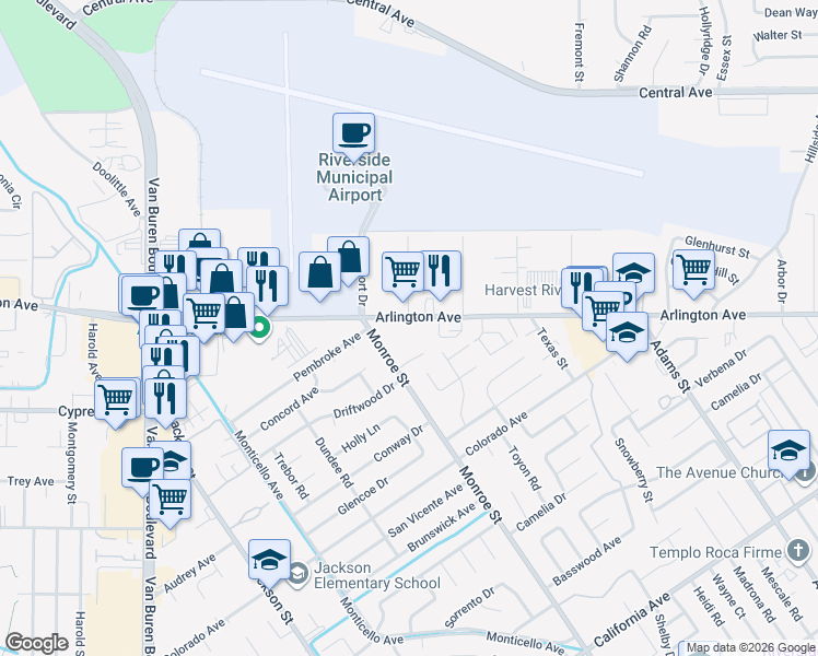 map of restaurants, bars, coffee shops, grocery stores, and more near 4807 Monroe Street in Riverside