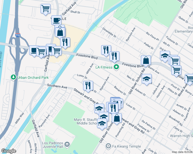map of restaurants, bars, coffee shops, grocery stores, and more near 7144 Benares Street in Downey