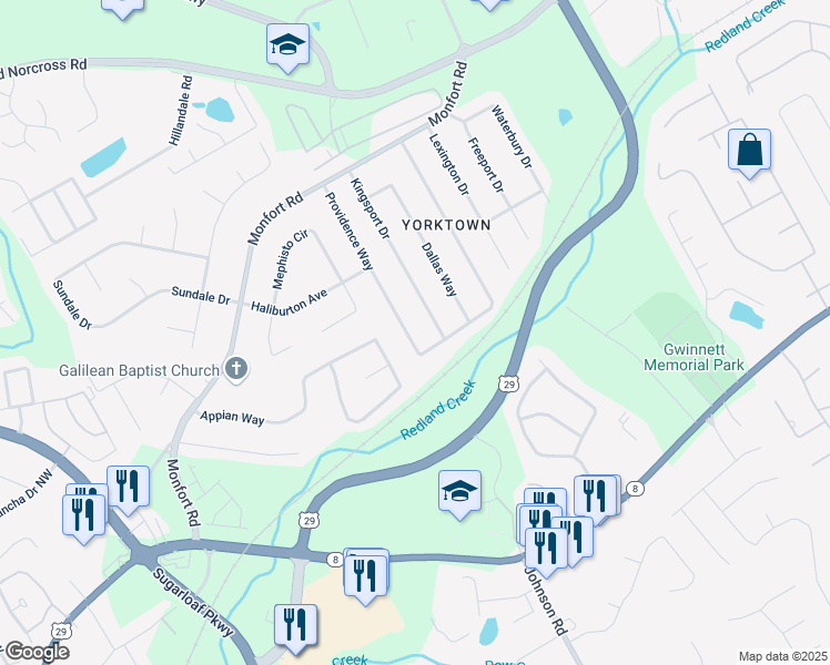map of restaurants, bars, coffee shops, grocery stores, and more near 1231 Providence Way in Lawrenceville