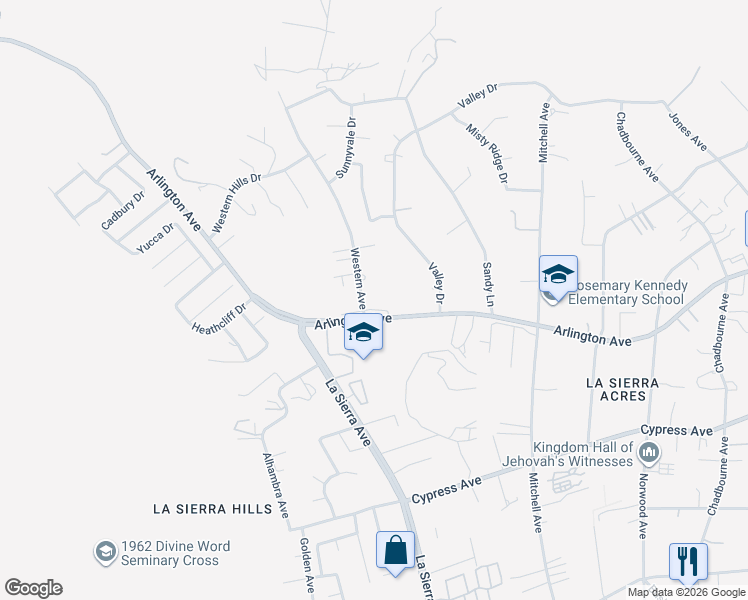 map of restaurants, bars, coffee shops, grocery stores, and more near 11003 Arlington Avenue in Riverside