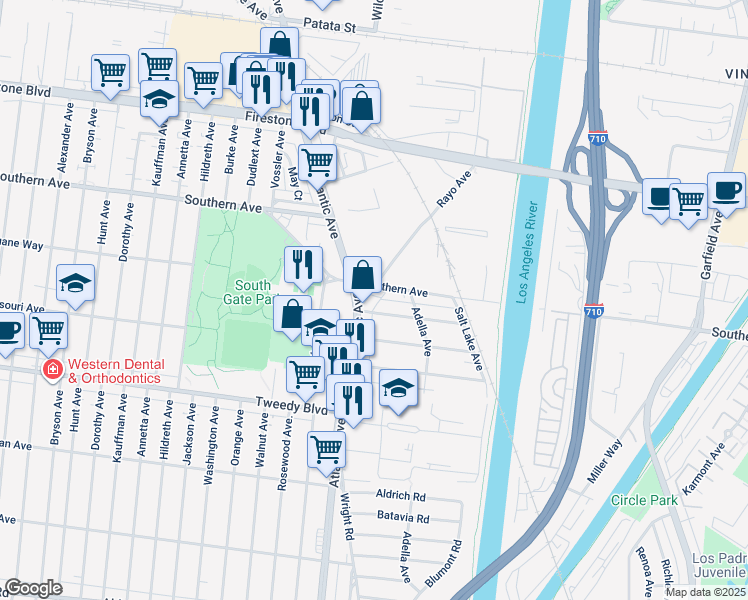 map of restaurants, bars, coffee shops, grocery stores, and more near 9590 Atlantic Avenue in South Gate