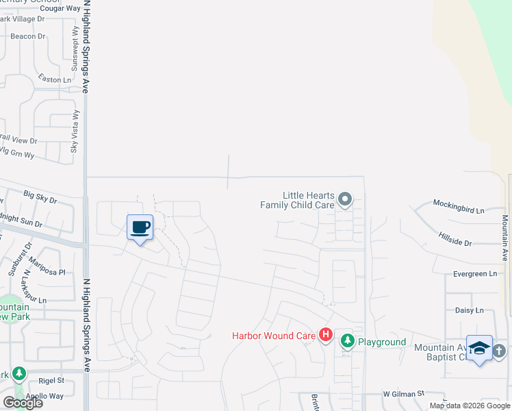 map of restaurants, bars, coffee shops, grocery stores, and more near 2230 Guava Lane in Banning
