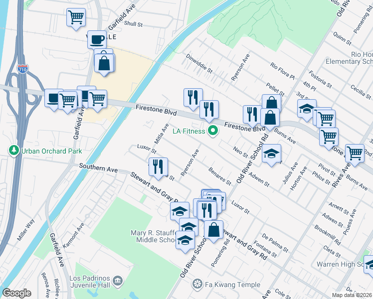 map of restaurants, bars, coffee shops, grocery stores, and more near 7173 Benares Street in Downey