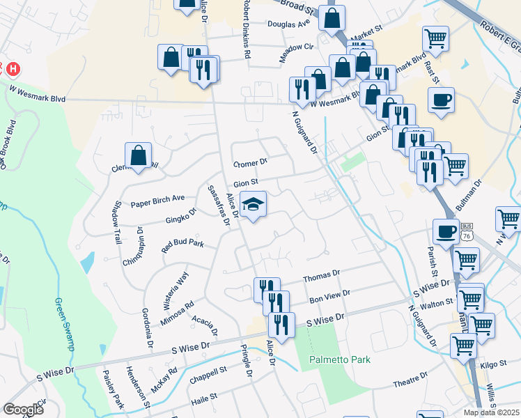 map of restaurants, bars, coffee shops, grocery stores, and more near 1071 Arnaud Street in Sumter
