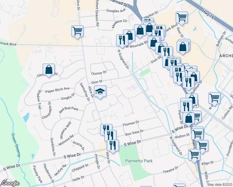 map of restaurants, bars, coffee shops, grocery stores, and more near 985 Arnaud Street in Sumter