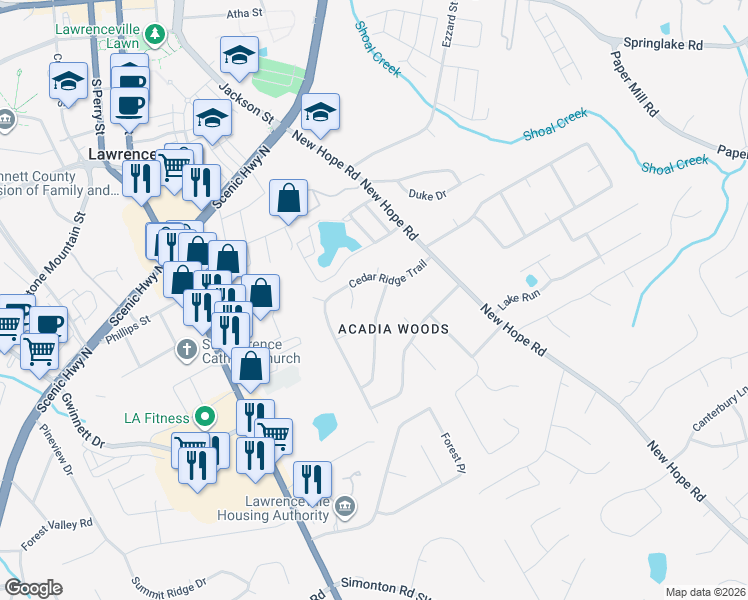 map of restaurants, bars, coffee shops, grocery stores, and more near 343 Hemlock Dr in Lawrenceville