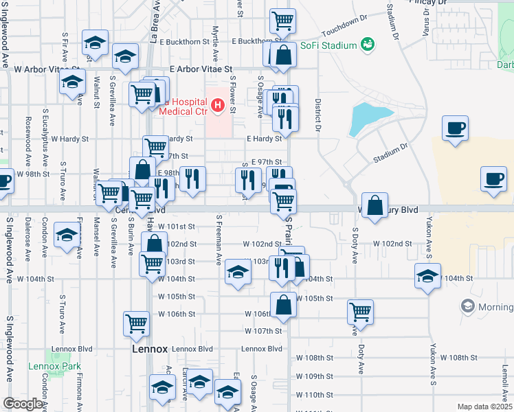 map of restaurants, bars, coffee shops, grocery stores, and more near 4040 West Century Boulevard in Inglewood