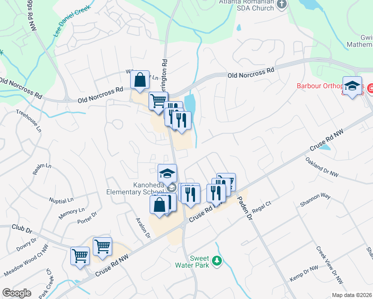 map of restaurants, bars, coffee shops, grocery stores, and more near 2490 Emma Way Northwest in Lawrenceville