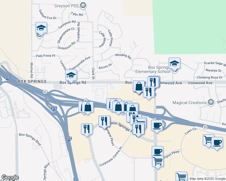 map of restaurants, bars, coffee shops, grocery stores, and more near 21665 Box Springs Road in Moreno Valley