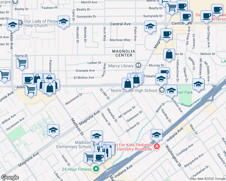 map of restaurants, bars, coffee shops, grocery stores, and more near 7184 El Padro Street in Riverside