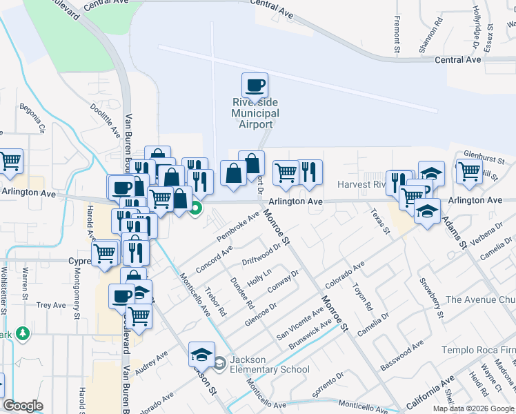 map of restaurants, bars, coffee shops, grocery stores, and more near 4860 Monroe Street in Riverside