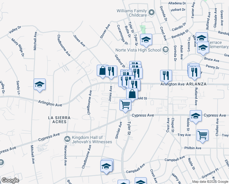 map of restaurants, bars, coffee shops, grocery stores, and more near 10370 Gould Street in Riverside