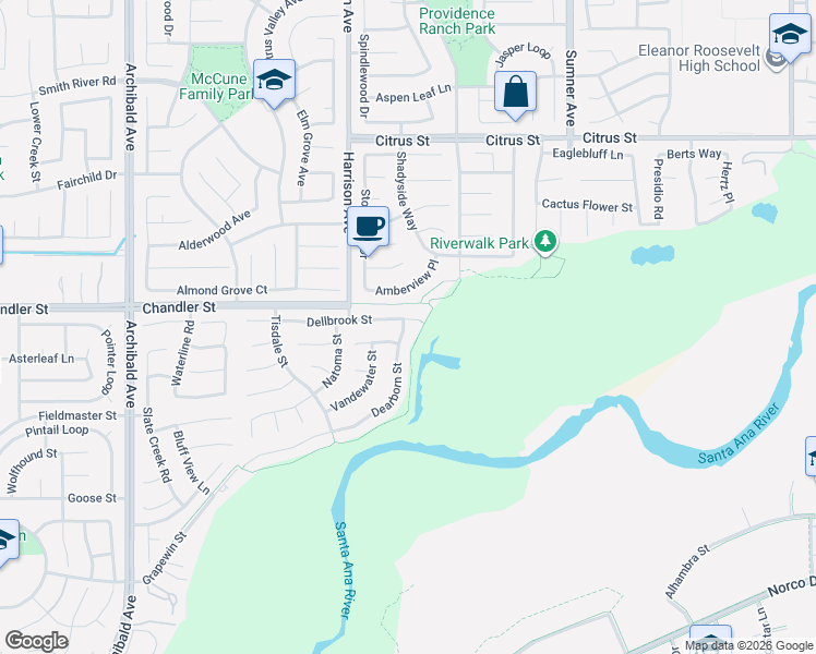 map of restaurants, bars, coffee shops, grocery stores, and more near 13629 Dearborn Street in Corona