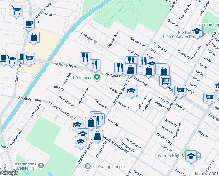 map of restaurants, bars, coffee shops, grocery stores, and more near 7348 Neo Street in Downey