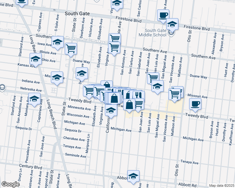 map of restaurants, bars, coffee shops, grocery stores, and more near 9828 San Antonio Avenue in South Gate