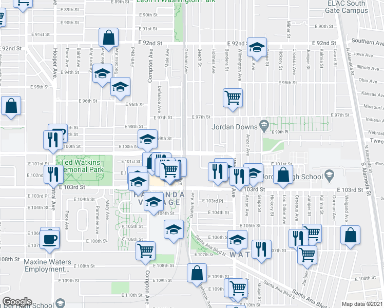 map of restaurants, bars, coffee shops, grocery stores, and more near 1724 East Century Boulevard in Los Angeles