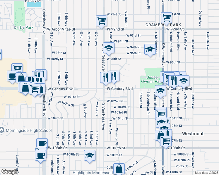 map of restaurants, bars, coffee shops, grocery stores, and more near 2126 West Century Boulevard in Los Angeles