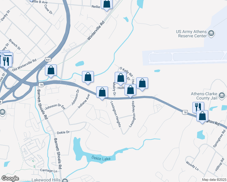 map of restaurants, bars, coffee shops, grocery stores, and more near 14a Mabry Drive in Athens