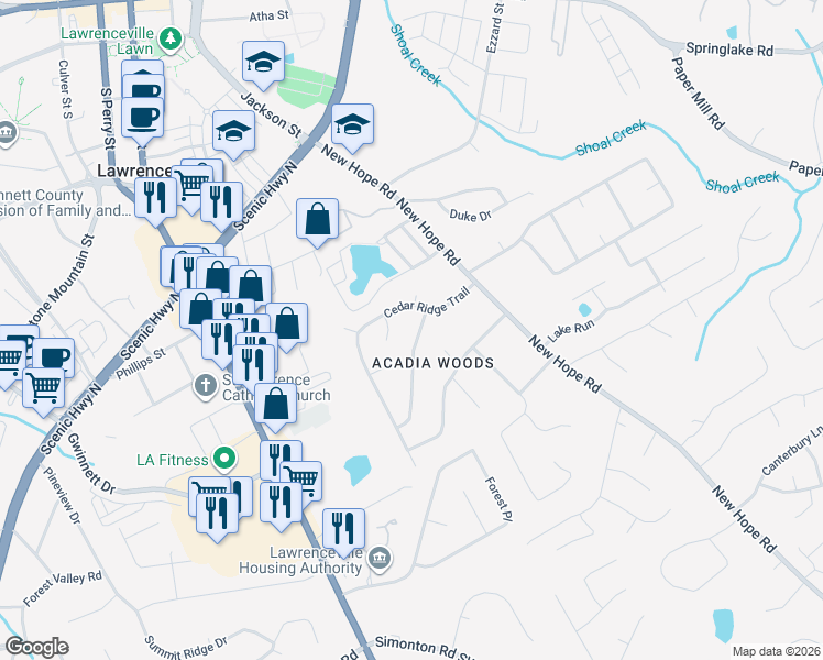 map of restaurants, bars, coffee shops, grocery stores, and more near 343 Hemlock Drive in Lawrenceville