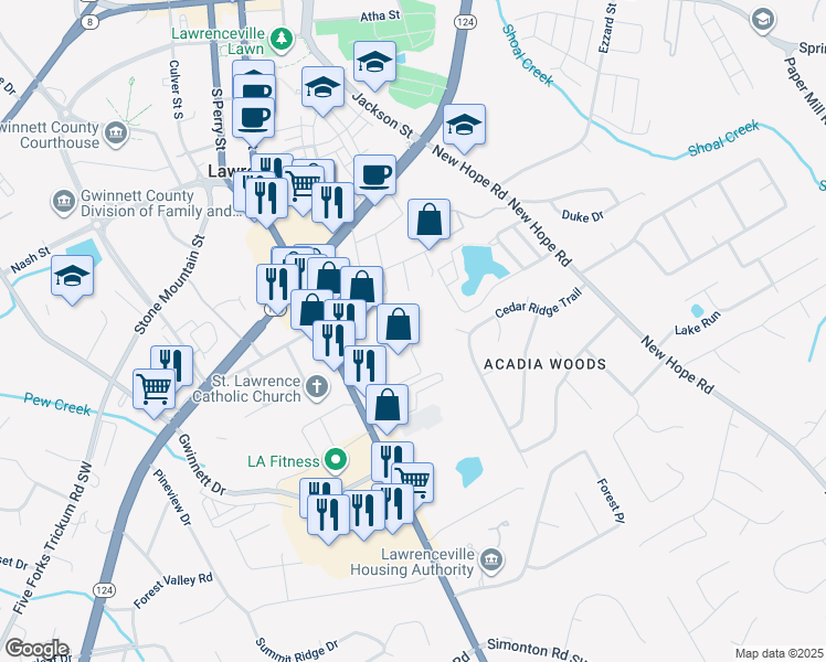 map of restaurants, bars, coffee shops, grocery stores, and more near 1 Applewood Drive in Lawrenceville