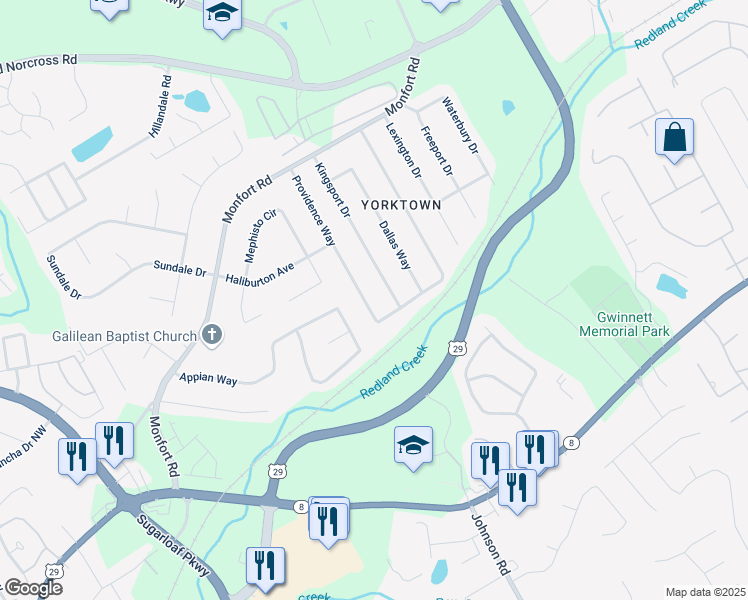 map of restaurants, bars, coffee shops, grocery stores, and more near 1231 Providence Way in Lawrenceville