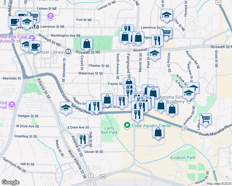 map of restaurants, bars, coffee shops, grocery stores, and more near 261 South Avenue Southeast in Marietta