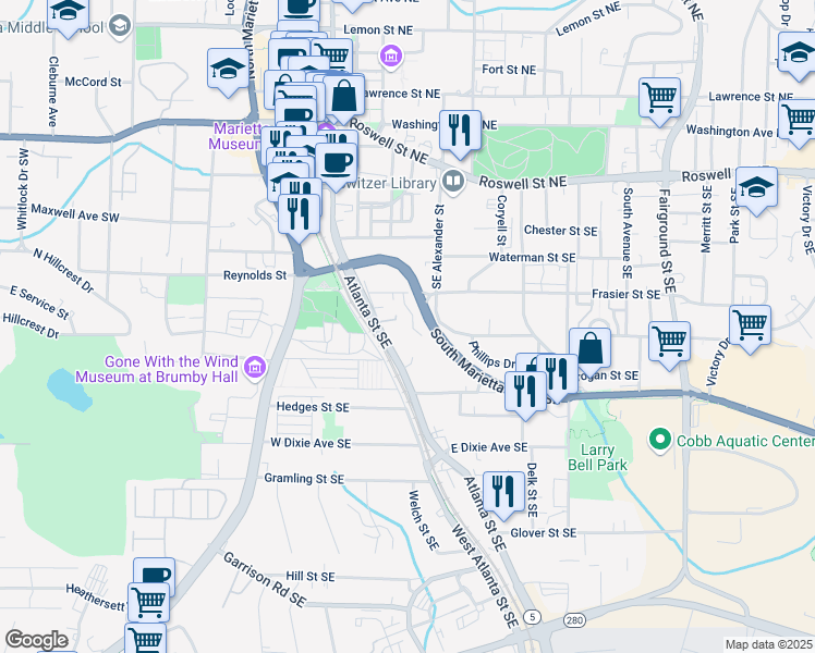 map of restaurants, bars, coffee shops, grocery stores, and more near 384 Niles Court in Marietta