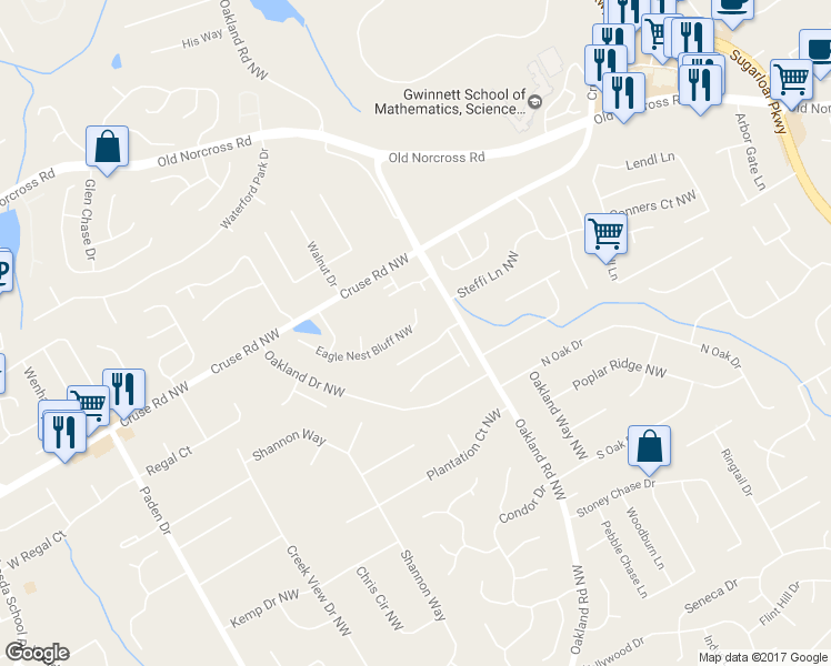 map of restaurants, bars, coffee shops, grocery stores, and more near 2060 Eagle Nest Bluff Northwest in Lawrenceville