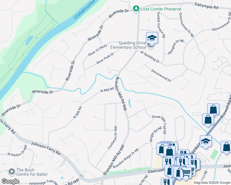 map of restaurants, bars, coffee shops, grocery stores, and more near 6990 Brandon Mill Road Northwest in Atlanta