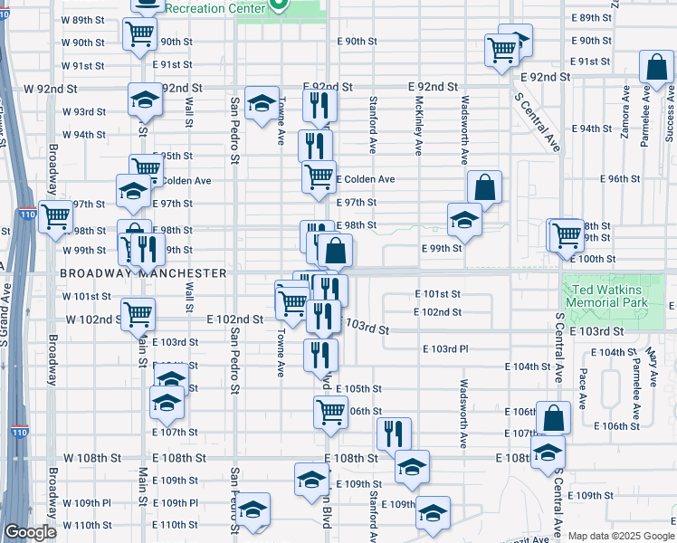 map of restaurants, bars, coffee shops, grocery stores, and more near East Century Boulevard in Los Angeles