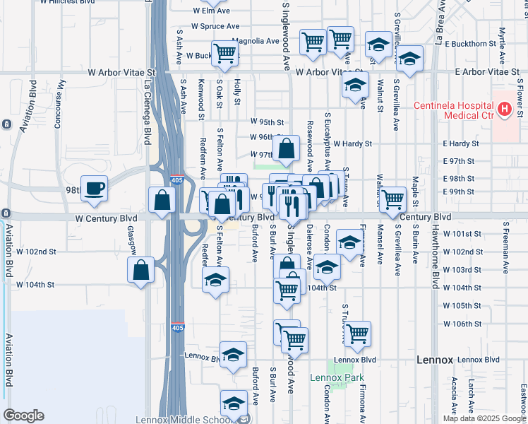map of restaurants, bars, coffee shops, grocery stores, and more near 4858 West Century Boulevard in Inglewood