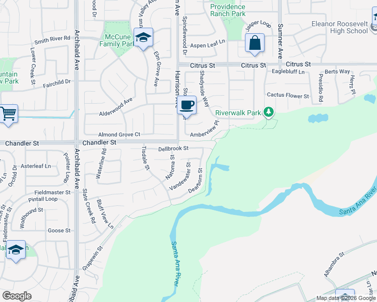 map of restaurants, bars, coffee shops, grocery stores, and more near 13761 Dellbrook Street in Corona