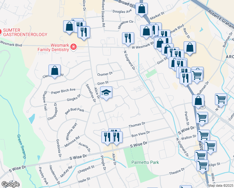 map of restaurants, bars, coffee shops, grocery stores, and more near 1041 Arnaud Street in Sumter
