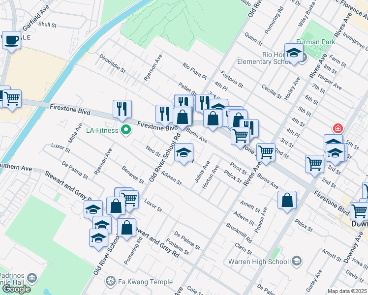 map of restaurants, bars, coffee shops, grocery stores, and more near 11437 Norlain Avenue in Downey