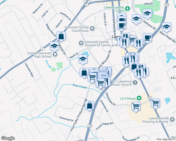 map of restaurants, bars, coffee shops, grocery stores, and more near 135 Harris Circle in Lawrenceville