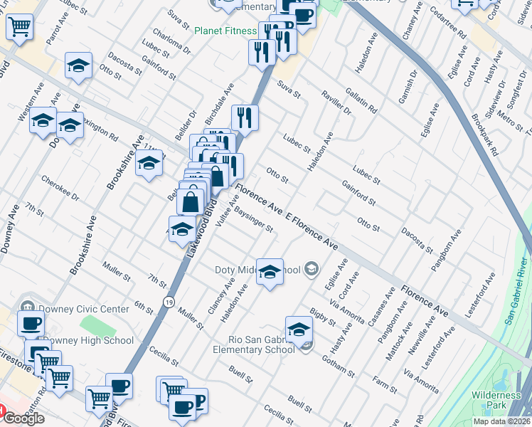 map of restaurants, bars, coffee shops, grocery stores, and more near 9137 Baysinger Street in Downey