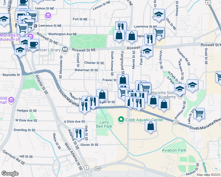 map of restaurants, bars, coffee shops, grocery stores, and more near 261 South Avenue Southeast in Marietta