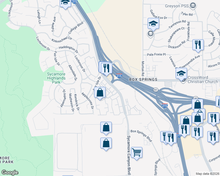 map of restaurants, bars, coffee shops, grocery stores, and more near 5880 Lochmoor Drive in Riverside