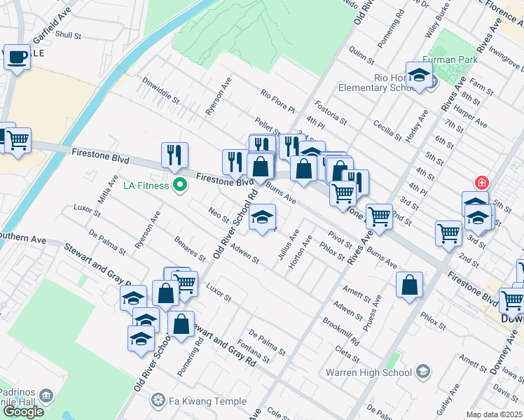 map of restaurants, bars, coffee shops, grocery stores, and more near 11437 Norlain Avenue in Downey